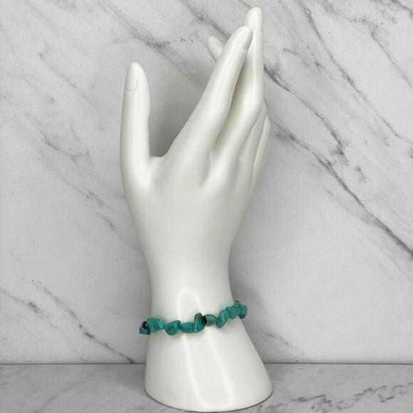 Faux Turquoise and Silver Tone Beaded Stretch Bracelet - Picture 2 of 6